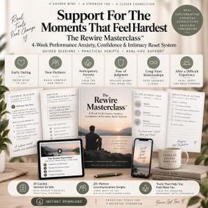 May include: A digital and physical program titled The Rewire Masterclass, featuring a 4-week performance anxiety, confidence, and intimacy reset system. Includes a workbook, video lessons on a tablet, a smartphone, a mug, and printed guides.