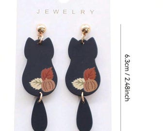 Black Cat Earrings with Pumpkin and Leaves - Fall Halloween Jewelry
