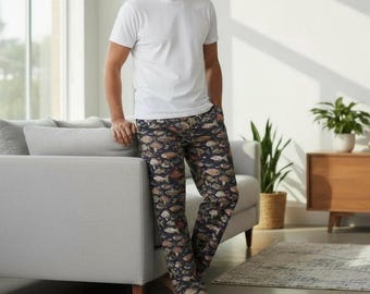 Pantalones de pijama con estampado de peces para hombre, pantalones de estar por casa con estampado oceánico