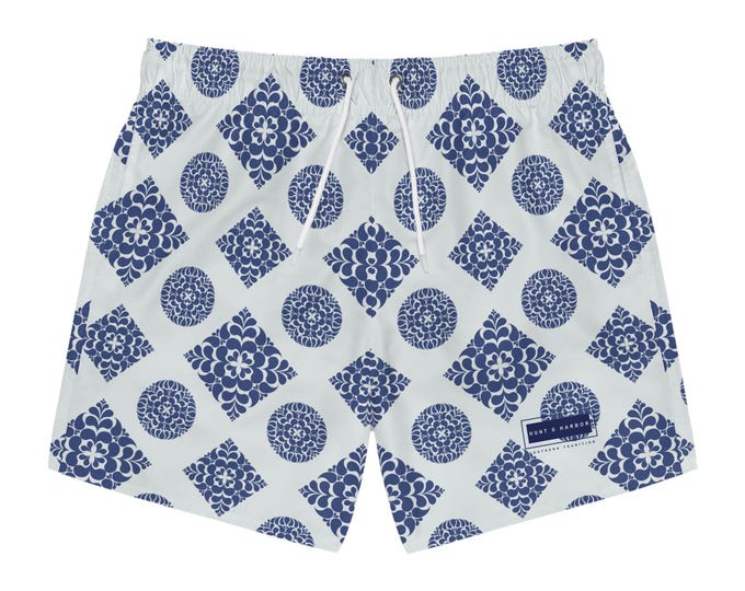 Men's Blue Motif Patterned Striped Swim Trunks - Cool Ocean Vibe for Summer Fun