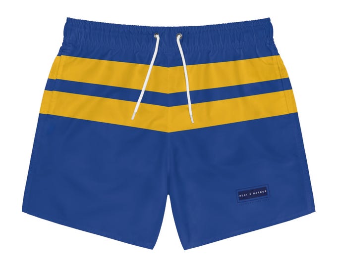 Men's Swim Trunks, Dark Blue with Gold Stripes