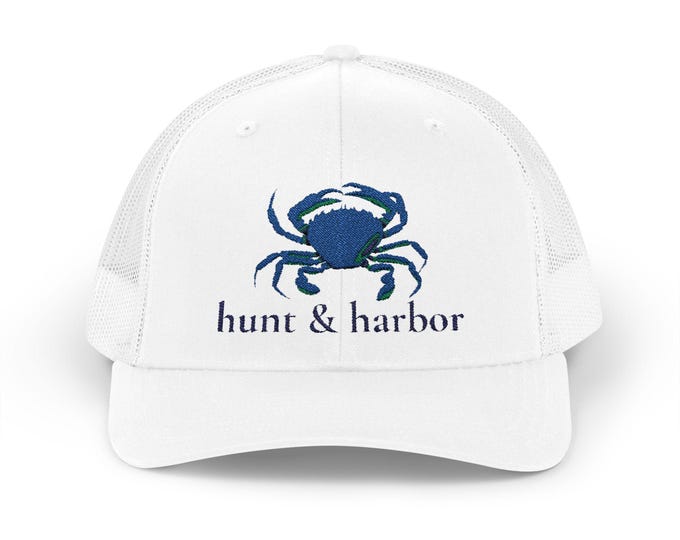 Hunt and Harbor Snapback Trucker Cap (Crab Embroidery) - Coastal Vibe Hat for Beach Lovers