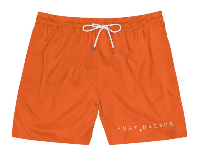 Men's Solid Orange Mid-Length Swim Shorts Board Shorts - Hunt & Harbor Swim Trunks for Summer Adventures