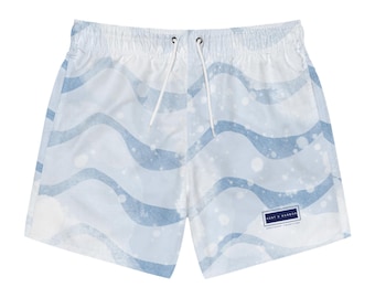 Men's Blue and White Wave Patterned Swim Trunks - Cool Ocean Vibe for Summer Fun