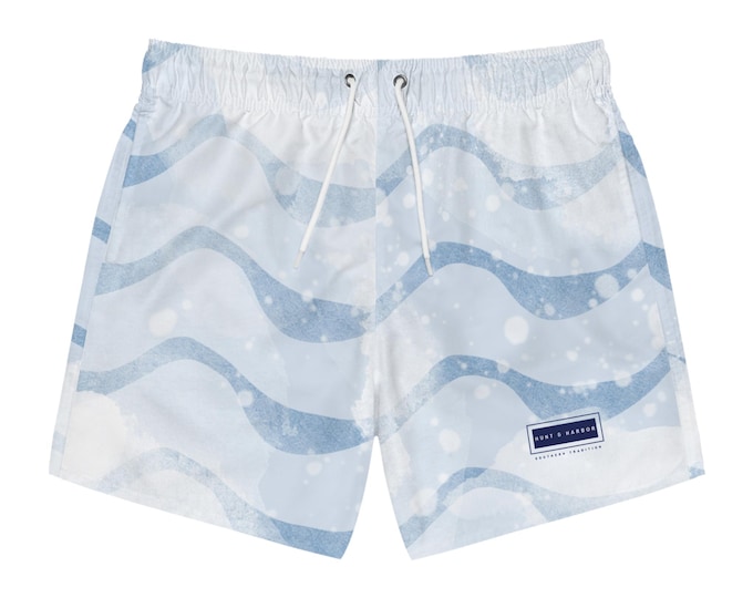 Men's Blue and White Wave Patterned Swim Trunks - Cool Ocean Vibe for Summer Fun