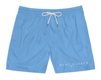 Men's Solid Light Blue Mid-Length Swim Shorts Board Shorts - Hunt & Harbor Swim Trunks for Summer Adventures