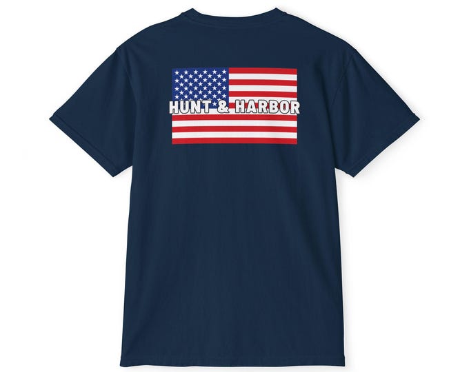 American Flag Unisex Pocket T-Shirt, Perfect for Summer Adventures, Beach Days, Boating Trips, Casual Wear, Gifts for Sailors