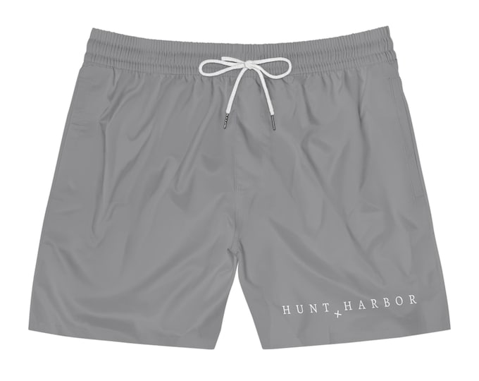 Men's Solid Grey Mid-Length Swim Shorts Board Shorts - Hunt & Harbor Swim Trunks for Summer Adventures