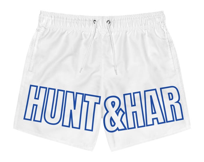 Men's Bold Letter Logo Swim Trunks (White/Blue)