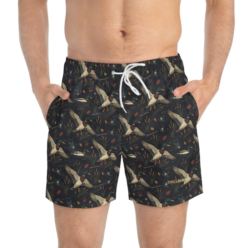 Mallard Drake Marsh Print Swim Trunks | Vintage Waterfowl Hunting AOP image 4