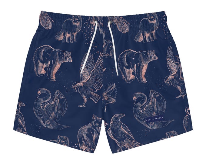 Men's Navy Woodland Animals Swim Trunks - Cool Vibe for Summer Fun