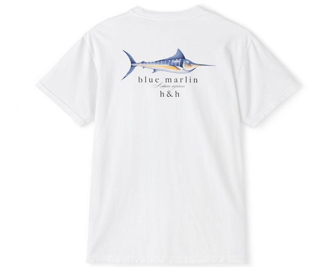 Blue Marlin Unisex Pocket T-Shirt, Perfect for Summer Adventures, Beach Days, Boating Trips, Casual Wear, Gifts for Sailors
