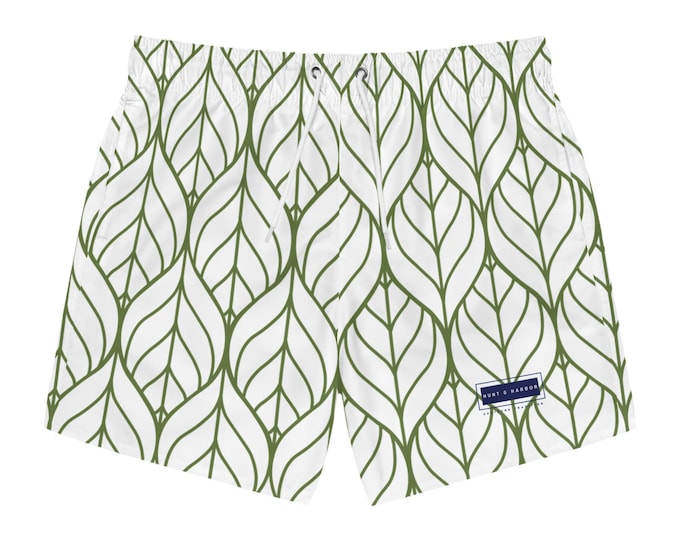 Men's Leaf Patterned Striped Swim Trunks - Cool Ocean Vibe for Summer Fun