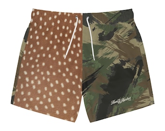 Deer Fur Camo Swim Trunks | Outdoorsy Woodland Print Shorts