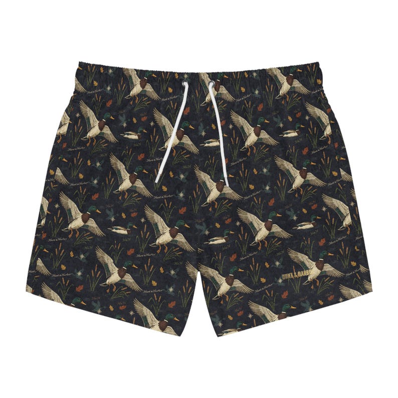 Mallard Drake Marsh Print Swim Trunks | Vintage Waterfowl Hunting AOP image 1