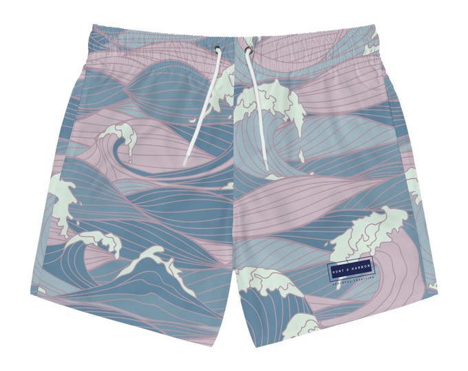 Men's Blue and Pink Waves Swim Trunks - Cool Ocean Vibe for Summer Fun