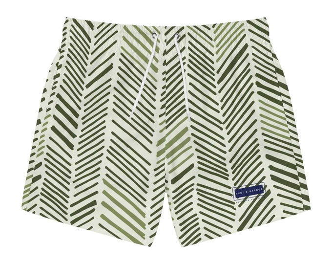 Men's Green Tropical Tribal Patterned Swim Trunks - Cool Ocean Vibe for Summer Fun