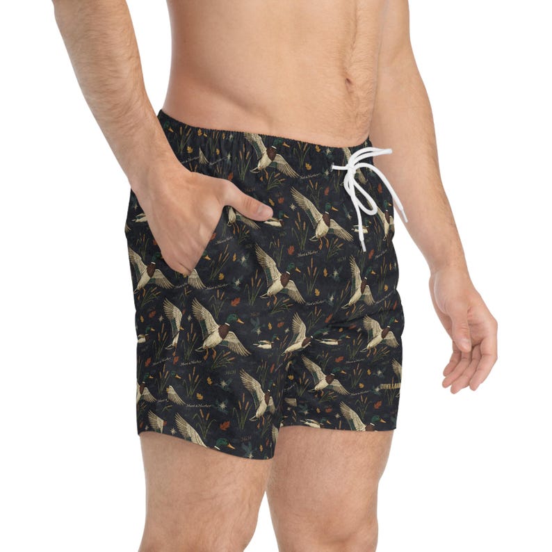 Mallard Drake Marsh Print Swim Trunks | Vintage Waterfowl Hunting AOP image 5