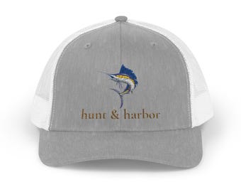 Hunt and Harbor Snapback Trucker Cap (Marlin Embroidery) - Coastal Vibe Hat for Beach Lovers