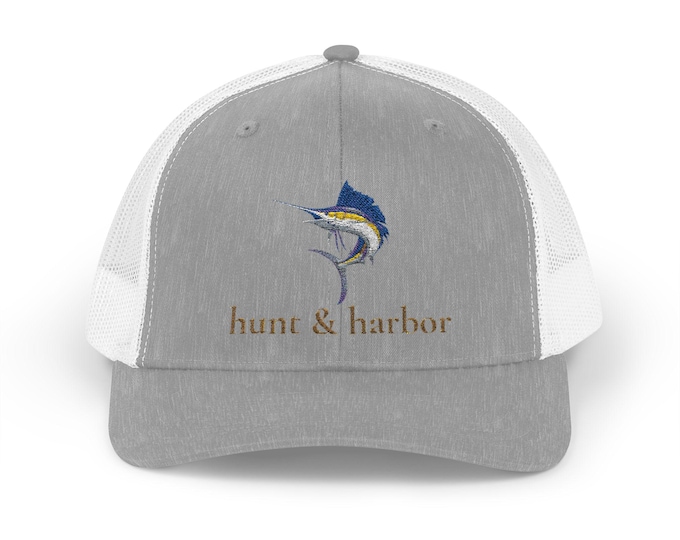 Hunt and Harbor Snapback Trucker Cap (Marlin Embroidery) - Coastal Vibe Hat for Beach Lovers