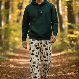 Black Bear Lounge Pants, Cozy Polyester Cabin Sleepwear