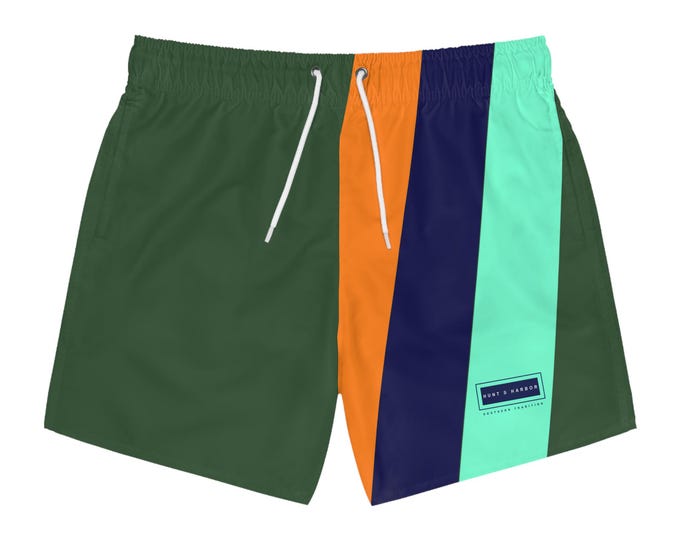 Men's Swim Trunks, Aqua Navy Orange Stripes