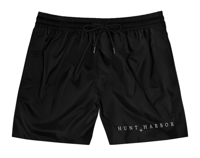 Men's Solid Black Mid-Length Swim Shorts Board Shorts - Hunt & Harbor Swim Trunks for Summer Adventures