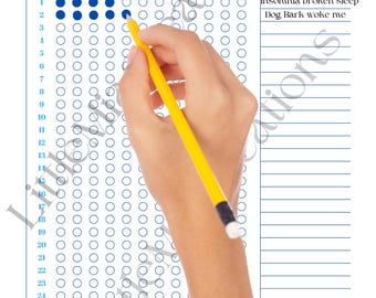 May include: A white sleep tracker chart with blue lines and circles. The chart is labeled "Sleep Tracker" and has a section for "Month", "Hours Slept", and "Notes". The month is January. The chart is filled out with blue circles for hours slept. The notes section has the text "Interrupted sleep", "Insomnia broken sleep", and "Dog Bark woke me".