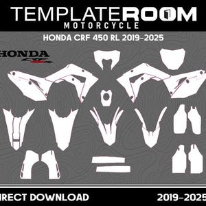 Puede incluir: Juego de calcomanías blancas para moto Honda CRF 450 RL modelos 2019-2025. La imagen presenta varias formas de calcomanías y el logotipo de Honda sobre un fondo gris. El texto incluye "TEMPLATEROOM MOTORCYCLE" y "DIRECT DOWNLOAD".