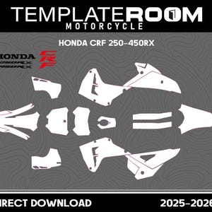 Puede incluir: Juego de calcomanías blancas para motocicletas Honda CRF 250-450RX. La imagen presenta varias formas y tamaños de calcomanías, con el logotipo de Honda y la información del modelo. El fondo es un diseño de mapa topográfico gris. El texto incluye "TEMPLATEROOM MOTORCYCLE" y "DIRECT DOWNLOAD".