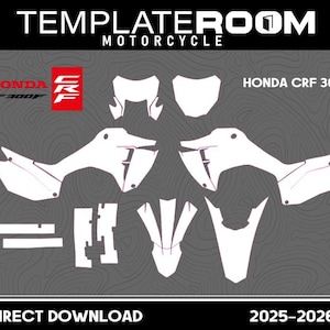 Puede incluir: Plantillas de calcomanías blancas para motocicleta Honda CRF 300F, dispuestas sobre un fondo gris con un patrón topográfico. La imagen incluye el texto "TEMPLATEROOM MOTORCYCLE", "HONDA CRF 300F" y "DIRECT DOWNLOAD 2025-2026".