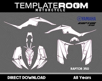 May include: White motorcycle graphic design elements for a Yamaha Raptor 350, set against a gray background with a topographic pattern. The text "TEMPLATEROOM MOTORCYCLE" and "DIRECT DOWNLOAD" are displayed.