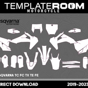 Puede incluir: Juego de calcomanías blancas para motos Husqvarna TC FC TX TE FE. La imagen incluye el logotipo de Husqvarna Factory Racing, el texto "TEMPLATEROOM MOTORCYCLE" y "DIRECT DOWNLOAD 2019-2023". Las calcomanías están dispuestas sobre un fondo gris.
