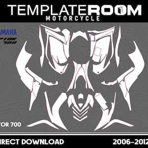 Puede incluir: Plantillas de calcomanías blancas para motocicleta Yamaha Raptor 700, modelos 2006-2012, sobre un fondo gris. El texto "TEMPLATEROOM MOTORCYCLE" está en la parte superior. Las palabras "DIRECT DOWNLOAD" están en la parte inferior.