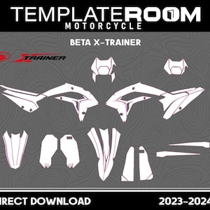 Puede incluir: Juego de calcomanías blancas para motocicleta Beta X-Trainer, dispuestas sobre un fondo gris con un patrón topográfico. La imagen incluye el texto "TEMPLATEROOM MOTORCYCLE" y "BETA X-TRAINER". La parte inferior de la imagen dice "DIRECT DOWNLOAD 2023-2024".