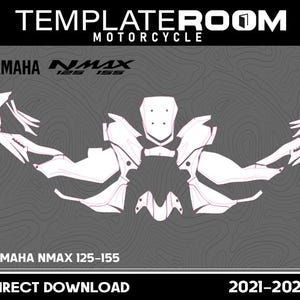 Puede incluir: Un diseño esquemático para una motocicleta Yamaha NMAX 125-155, con contornos blancos sobre un fondo gris. La imagen incluye el texto "TEMPLATEROOM MOTORCYCLE", "YAMAHA NMAX 125-155", "DIRECT DOWNLOAD" y "2021-2024".