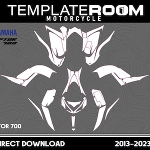 May include: White motorcycle decal templates on a grey background. The text "TEMPLATEROOM MOTORCYCLE" is at the top. The Yamaha logo and "RAPTOR 700" are visible. The text "DIRECT DOWNLOAD" and "2013-2023" are at the bottom.