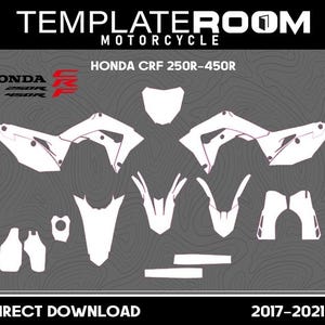 以下が含まれることがあります： 2017-2021年式ホンダCRF 250R-450R用ホワイトモーターサイクルデカールキット。ボディパネル用の様々な形状のステッカーセットで、ダークグレーの背景に「TEMPLATEROOM MOTORCYCLE」のテキストが記載されています。
