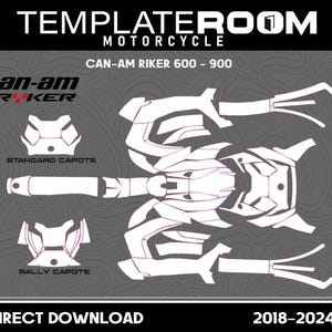 Puede incluir: Diseño de plantilla blanca para una motocicleta Can-Am Ryker, apta para los modelos 600 y 900. El diseño incluye plantillas para la capota estándar y rally. El texto "TEMPLATEROOM MOTORCYCLE" y "DIRECT DOWNLOAD" son visibles.