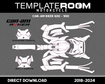 May include: White template design for a Can-Am Ryker motorcycle, including parts for the 600 and 900 models. The design includes templates for the standard and rally capote. The text "TEMPLATEROOM MOTORCYCLE" and "DIRECT DOWNLOAD" are visible.