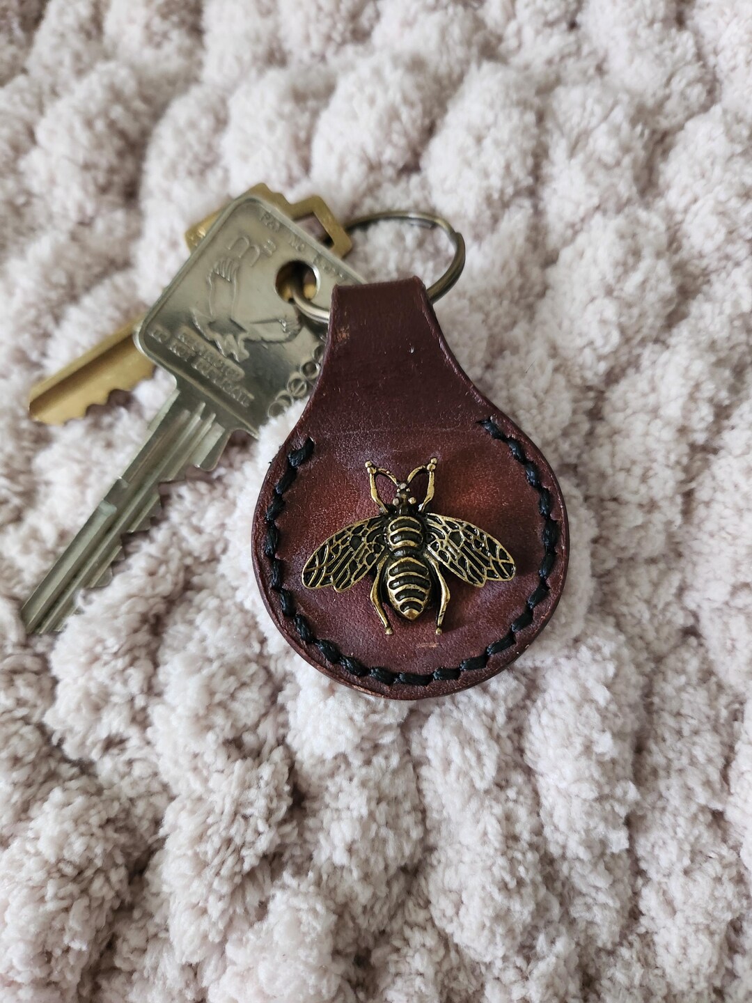Handmade Sturdy Brown Leather Key Ring Tag, Bee Keychain Tag, Turquoise ...