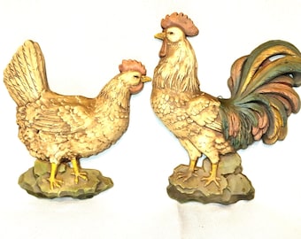 Vintage Rooster and Hen Resin Wall Plaques  Home Interiors 1970s Farmhouse Decor HOMCO