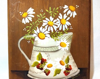 Vintage 1978 Folk Art Wood Plaque Hand Painted Daisies & Strawberries