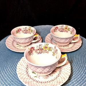 Vintage Grantham Royal Doulton England Cups and Saucers Set of 3 Porcelain Bone China Floral Design