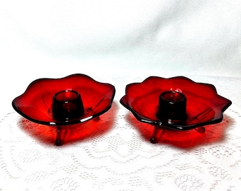 Vintage Fenton Amberina Ruby Red Lotus Candle Holders 1930s Set of 2