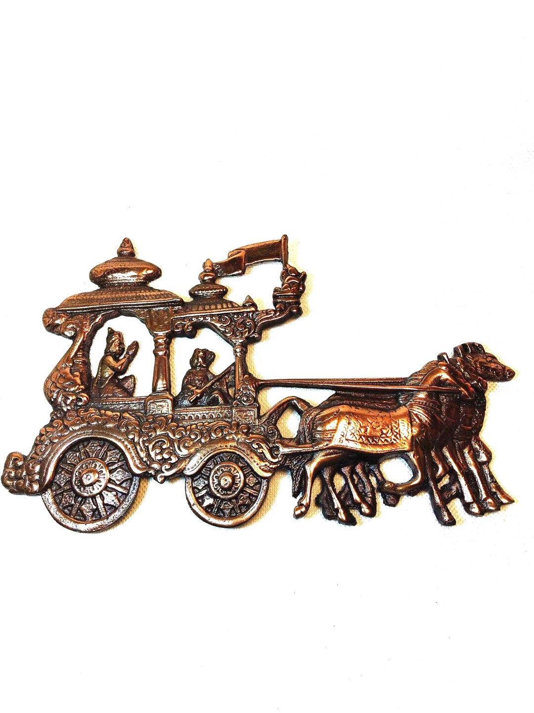 Vintage Copper Plated Chariot Plaque Arjun Krishna Rath Showpiece India ...
