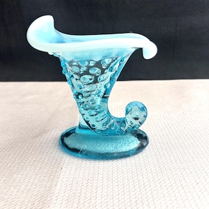 Vintage Fenton Blue Opalescent Hobnail Cornucopia Vase