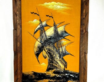Vintage 1970 Drip Oil Velvet Painting Galleon Ship Handcrafted Wood Frame Nautical MCM