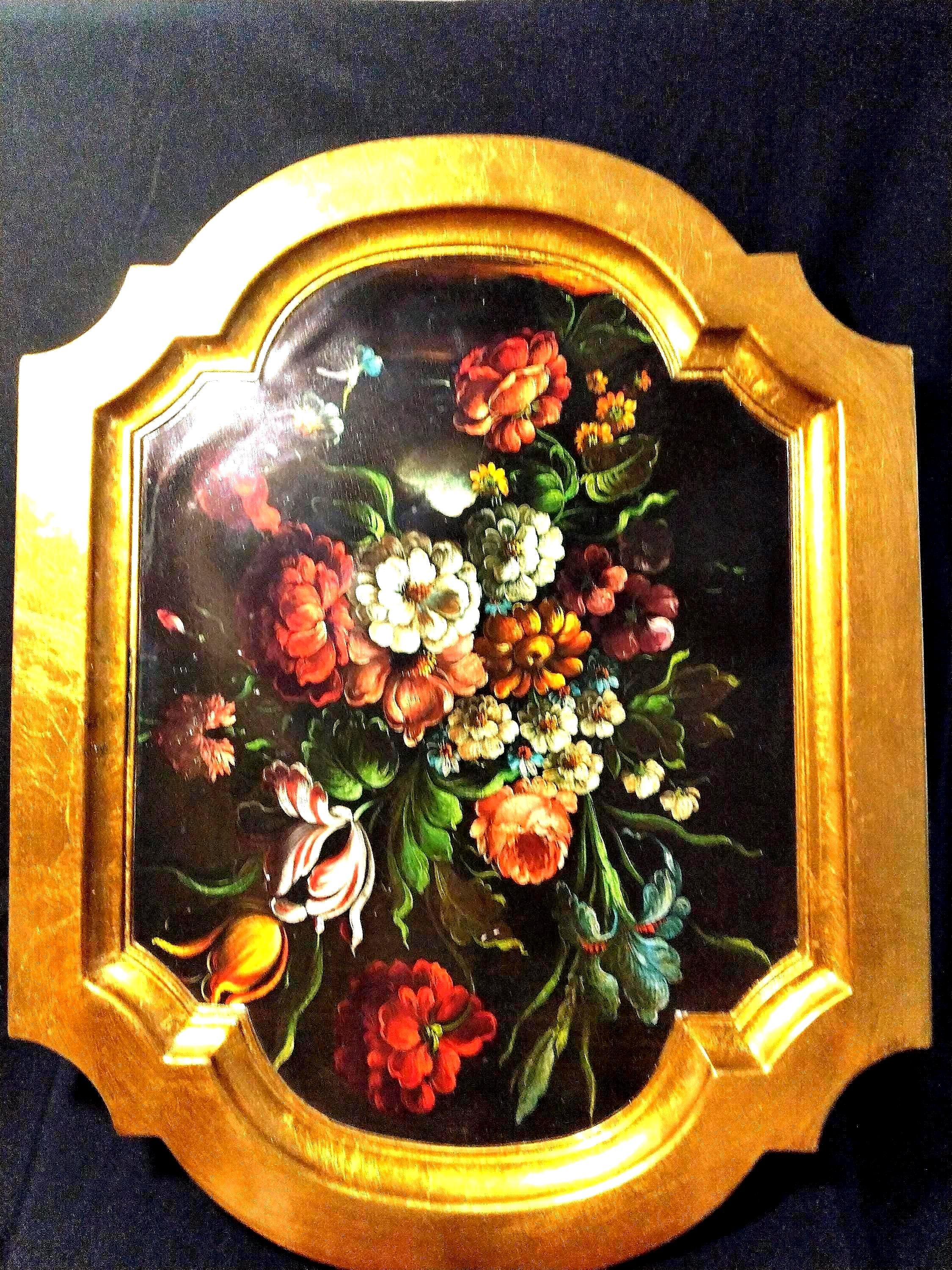 イタリア製ゴールド鍍金フィレンツェ風サービングトレイ 手描き