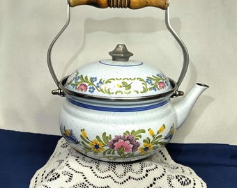 1960年代ヴィンテージ ASTA ティーケトル エナメル ドイツ製 ホワイト 花柄 木製ハンドル